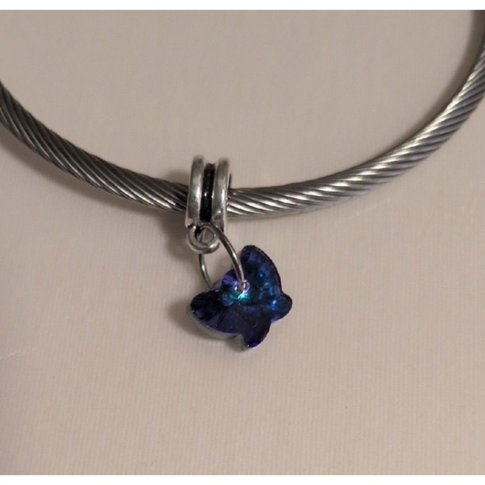 Blue Crystal Butterfly Charm Pendant Silver Tone Slide for Bracelet Necklace